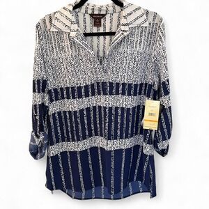 Multiples Missy Madison long sleeve blue striped chevron blouse shirt women sz S